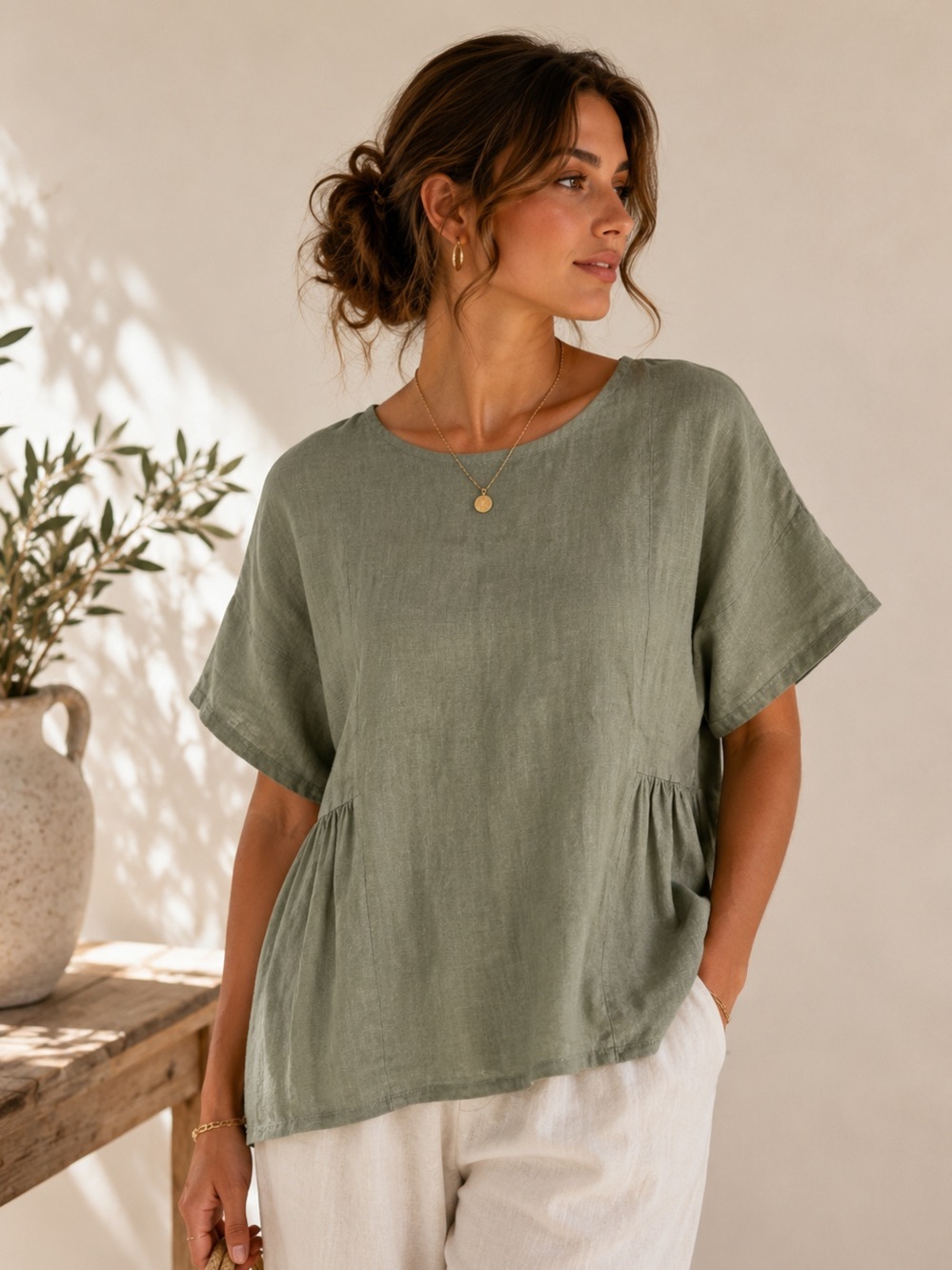 Francesca Bettini 100% Linen Top Made Italy Sage Green Babydoll Peplum S